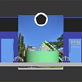 Modern Scene With Green Round Table Blue Chairs White Clock And FEB UNTAN Sign