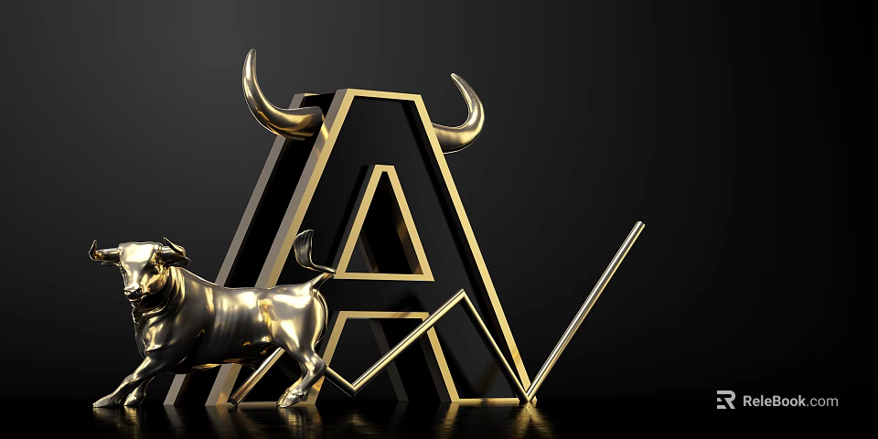 Golden Bull Statue With Horned Letter A And Rising Graph On Black Background 3d model 