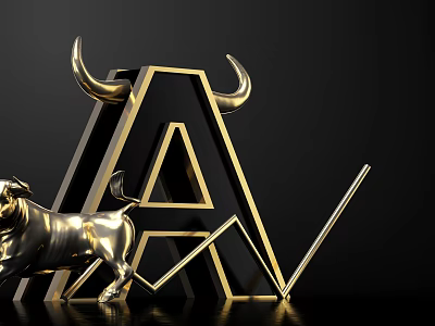 Golden Bull Statue With Horned Letter A And Rising Graph On Black Background 3d model