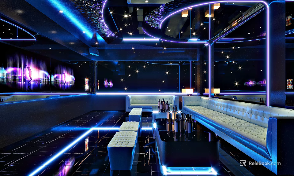 Modern KTV Interior Design With Vibrant Lighting Comfortable Seating And Mirror Decor 3d model