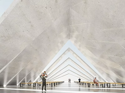 Spiritual Religious Sacred Space With Modern Triangular Concrete Structure And Neatly Arranged Benches 3d model