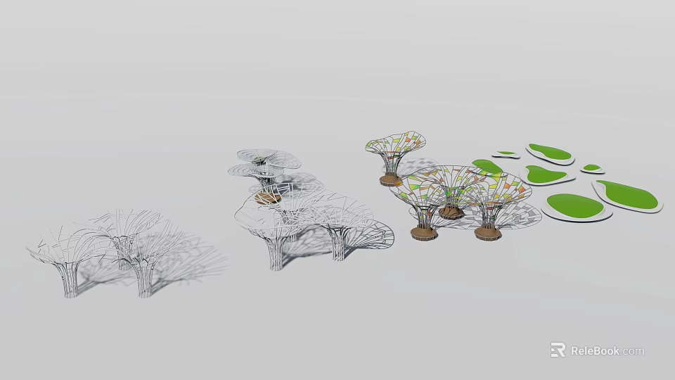 Multiple Tree Planters In Landscape Design With Circular Base And Green Leaf Elements 3d model