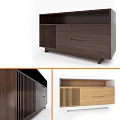 Modern Wooden TV Stand With Slatted Front Drawers And Light Dark Wood Finishes