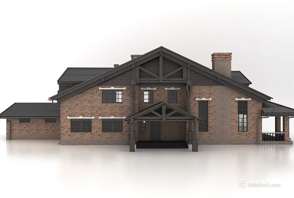 Traditional Brick House Exterior With Black Roof Wooden Frame Chimney And Front Porch 3d model 