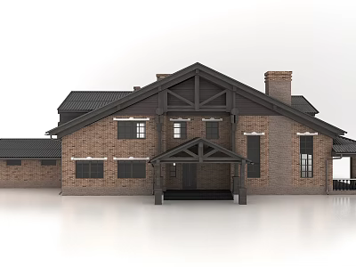 Traditional Brick House Exterior With Black Roof Wooden Frame Chimney And Front Porch 3d model