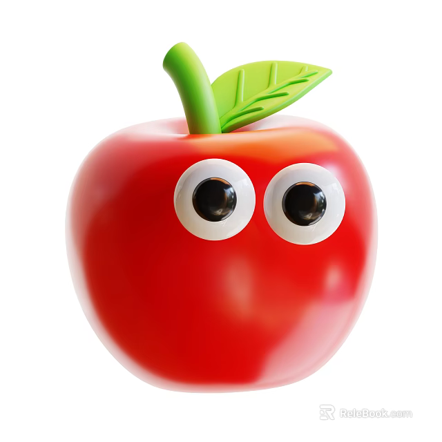 Fresh Red Apple Cartoon Character With Green Stem Leaf And Big Eyes 3d model 