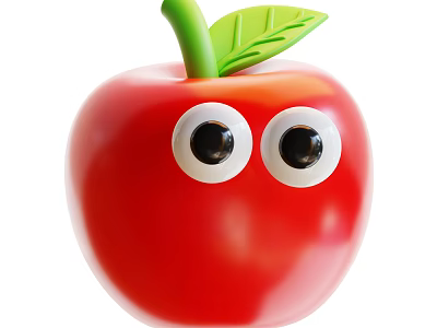 Fresh Red Apple Cartoon Character With Green Stem Leaf And Big Eyes 3d model