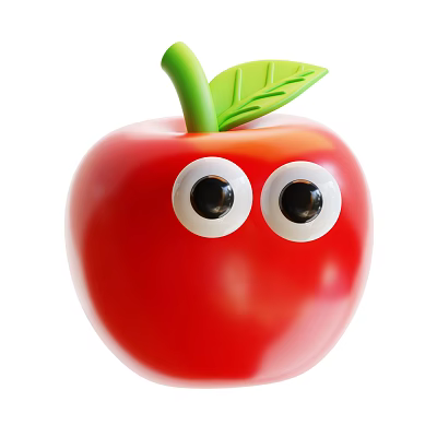 Fresh Red Apple Cartoon Character With Green Stem Leaf And Big Eyes 3d model