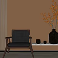 Modern Leisure Chair with Fabric and Wooden Accents Near Wall with Black Vase and Orange Flowers