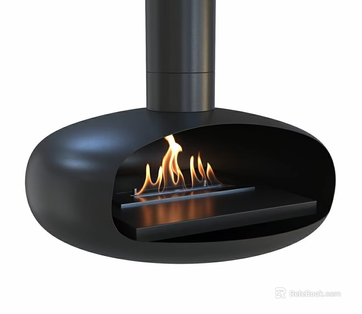 Modern Black Fireplace With Unique Oval Shape Structure And Burning Flames 3d model 
