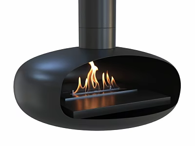 Modern Black Fireplace With Unique Oval Shape Structure And Burning Flames 3d model
