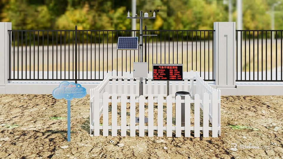 Outdoor Projection Monitoring System With Solar Panel And Display Screen White Fence 3d model 