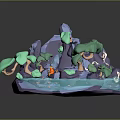 Modern 3D Cartoon Natural Scene With Mountain Trees Waterfall Pond And Figure