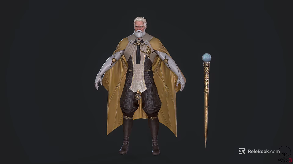 Elderly White Haired Character With Golden Cape White Tunic Blue Orb Staff And Brown Boots 3d model 