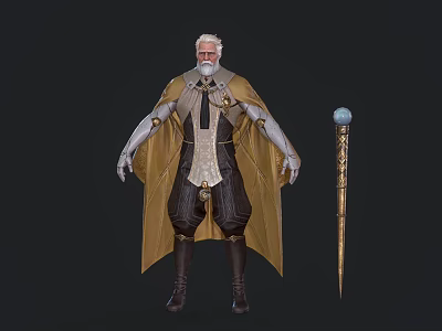 Elderly White Haired Character With Golden Cape White Tunic Blue Orb Staff And Brown Boots 3d model
