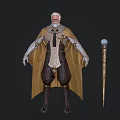Elderly White Haired Character With Golden Cape White Tunic Blue Orb Staff And Brown Boots