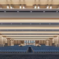 Spacious Conference Room With Rows of Blue Seats Modern Ceiling And Patterned Carpet