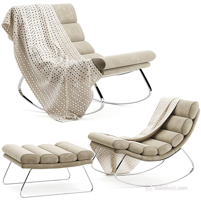 Modern Beige Lounge Chair With Polka Dot Blanket And Metal Frame Design 3d model 