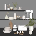 Stylish Kitchen Shelves With Espresso Machine Stand Mixer Bowls Mugs Cutting Board And Green Plants
