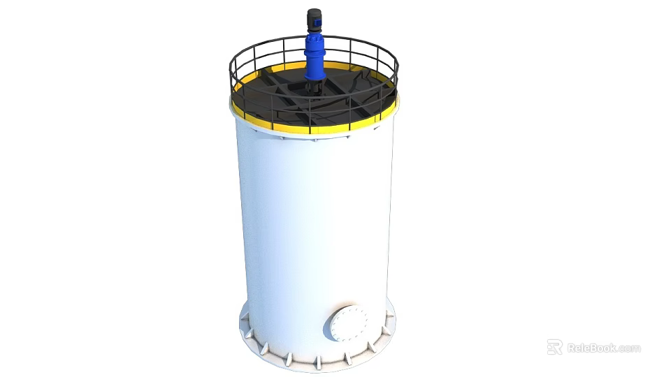 Cylindrical Industrial Storage Tank With White Body Top Platform Yellow Rim And Blue Device 3d model 