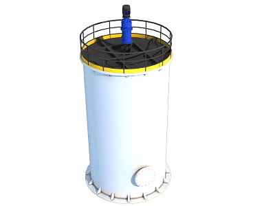 Cylindrical Industrial Storage Tank With White Body Top Platform Yellow Rim And Blue Device 3d model