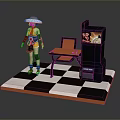 Stylish Game Movie Character Standing By Table Chair And Vending Machine On Checkered Platform