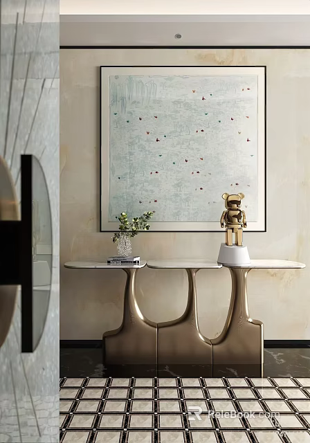 Modern Entryway Interior With Golden Console Table Decorative Painting Potted Plant And Art Figurine 3d model 