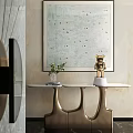 Modern Entryway Interior With Golden Console Table Decorative Painting Potted Plant And Art Figurine