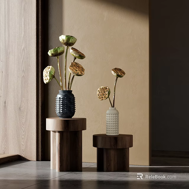 Stylish Ceramic Vases With Lotus Pods And Green Leaves For Modern Interior Decor 3d model 
