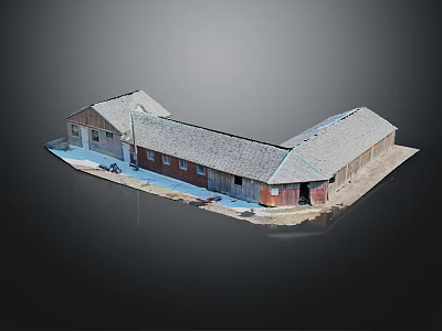 Two Connected Barns With Sloped Roofs Red White Walls And Wooden Structure 3d model