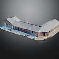 Two Connected Barns With Sloped Roofs Red White Walls And Wooden Structure