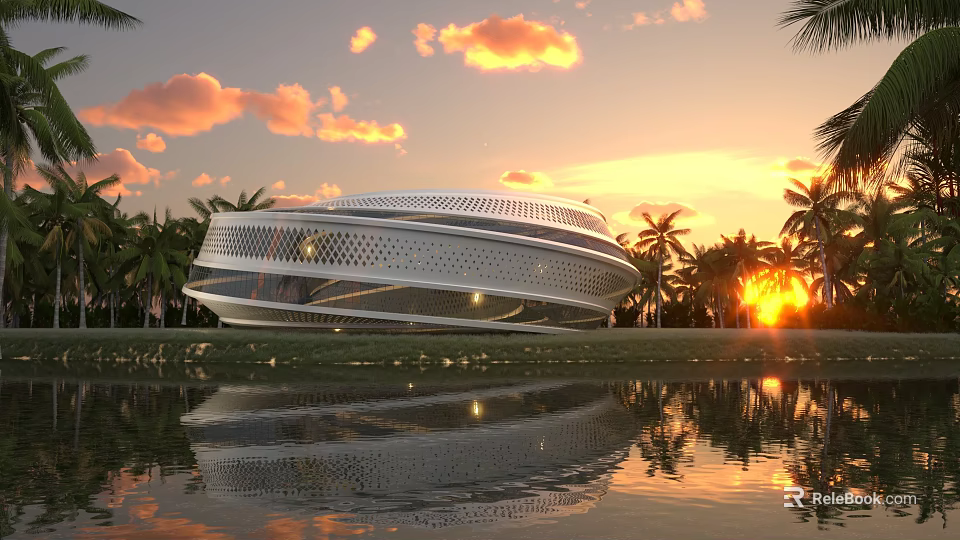 Modern Stadium Building With Palm Trees And Water Reflection At Sunset 3d model