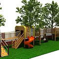 Outdoor Playground Equipment With Slide Climbing Frame Trees Grass And Safety Fence