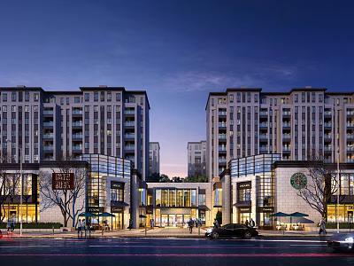 Commercial Street With High Rise Buildings Shops Vehicles And Evening Lighting 3d model