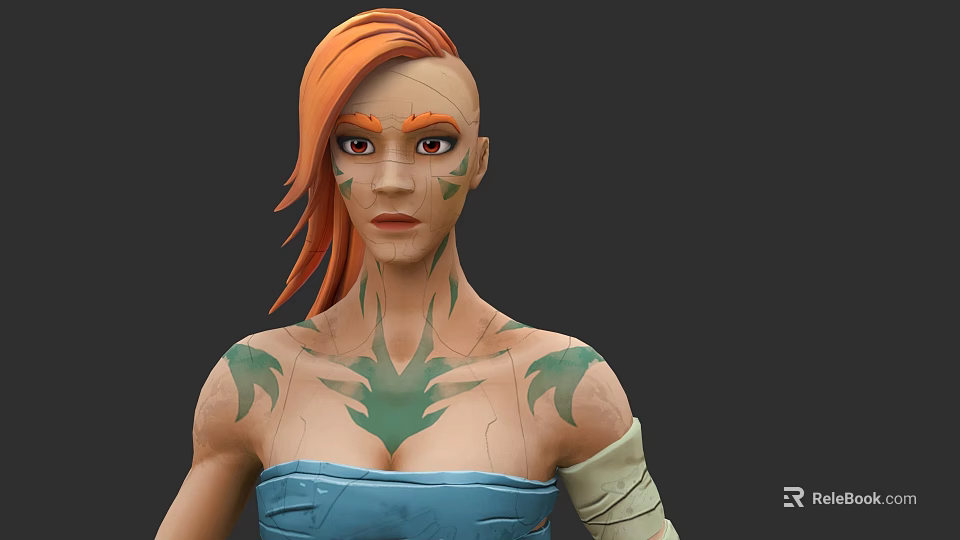Portrait of a woman with orange hair green tattoos blue strapless top and arm bandage 3d model 