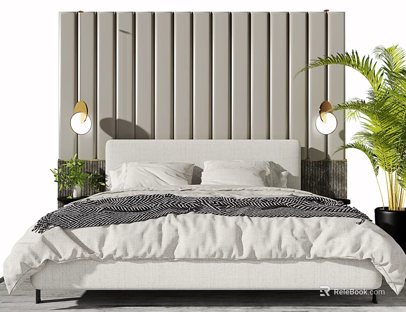 Background Double Bed with Vertical Panel Headboard Wall Lamps and Green Potted Plant 3d model 