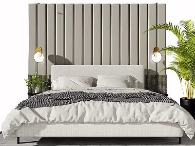 Background Double Bed with Vertical Panel Headboard Wall Lamps and Green Potted Plant 3d model