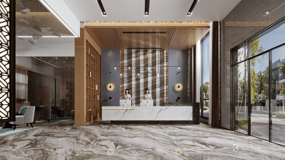 Modern Hotel Lobby Featuring Marble Floor Reception Desk Staff Decorative Lights And Large Windows 3d model 