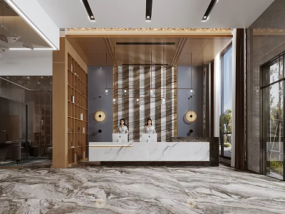 Modern Hotel Lobby Featuring Marble Floor Reception Desk Staff Decorative Lights And Large Windows 3d model