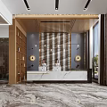 Modern Hotel Lobby Featuring Marble Floor Reception Desk Staff Decorative Lights And Large Windows