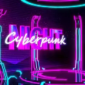 Cyberpunk Stage With Purple Blue Neon Lights Rings And Geometric Decorations