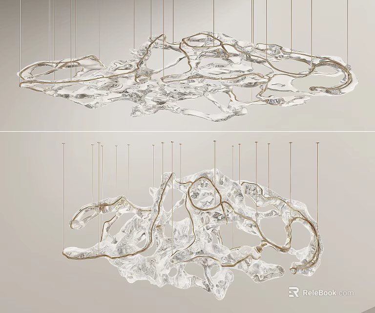 Elegant Modern Chandelier With Transparent Material And Golden Flowing Structure For Interior Decor 3d model 