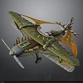 Cosmic Aerospace Themed Vintage Biplane With Green Orange Accents And Futuristic Design