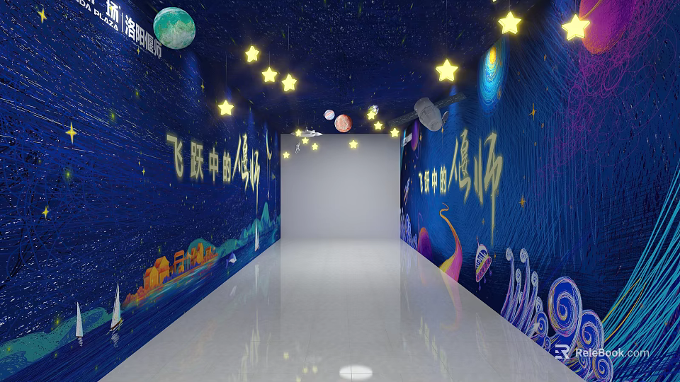 Starry Sky Theme Activity Passage With Deep Blue Walls Ceiling Stars And Planet Murals 3d model 