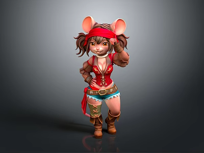 Cartoon Mouse Girl Character In Pirate Style With Red Top Blue Shorts And Brown Boots 3d model