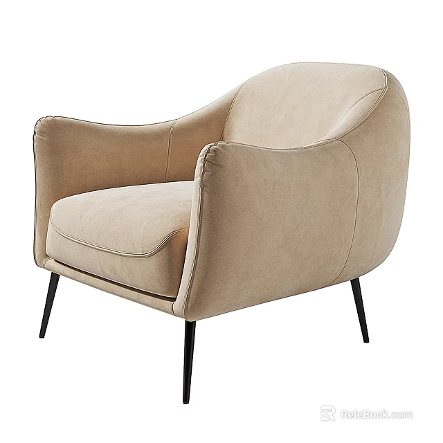Modern Beige Upholstered Single Sofa With Curved Arms And Black Metal Legs 3d model 