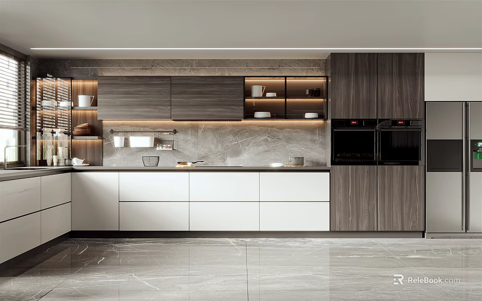 Modern Kitchen Interior Design With Wooden Cabinets Gray Countertop And Stainless Steel Appliances 3d model 