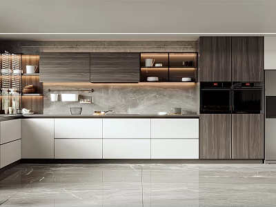 Modern Kitchen Interior Design With Wooden Cabinets Gray Countertop And Stainless Steel Appliances 3d model