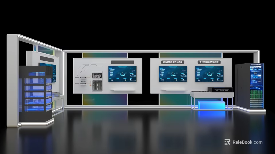 Modern Event Display Wall with Multiple Digital Screens Interactive Panels and Blue Lighting 3d model