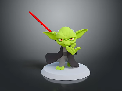 Green Yoda Themed Figurine Holding Red Lightsaber On White Base Decorative Statue 3d model